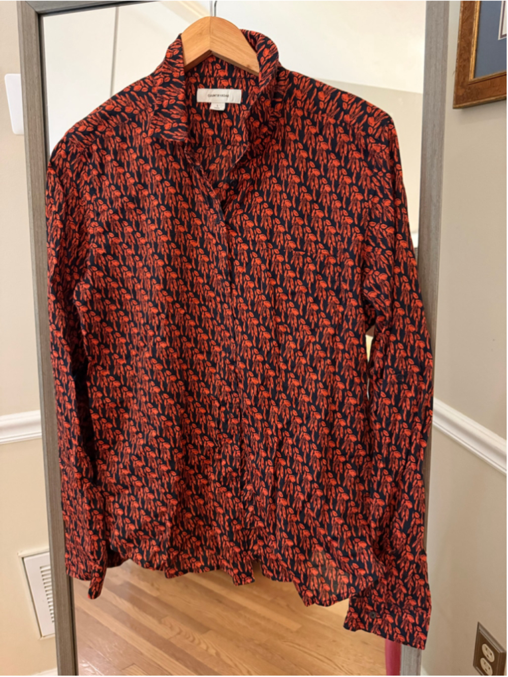 Women's Country Road Button Down Shirt Size L Black Red Leaf Print